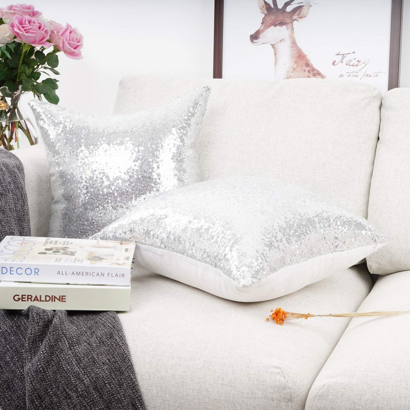 YOUR SMILE Pack of 2, New Luxury Series Solid Color Silver Decorative Glitzy Sequin & Comfy Satin Throw Pillow Cover Cushion Case for Wedding/Christmas,20"x20" - Image 3